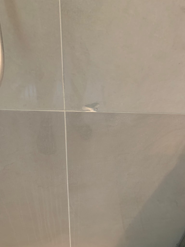 Shower wall tile with chip damage before colour-matched repair